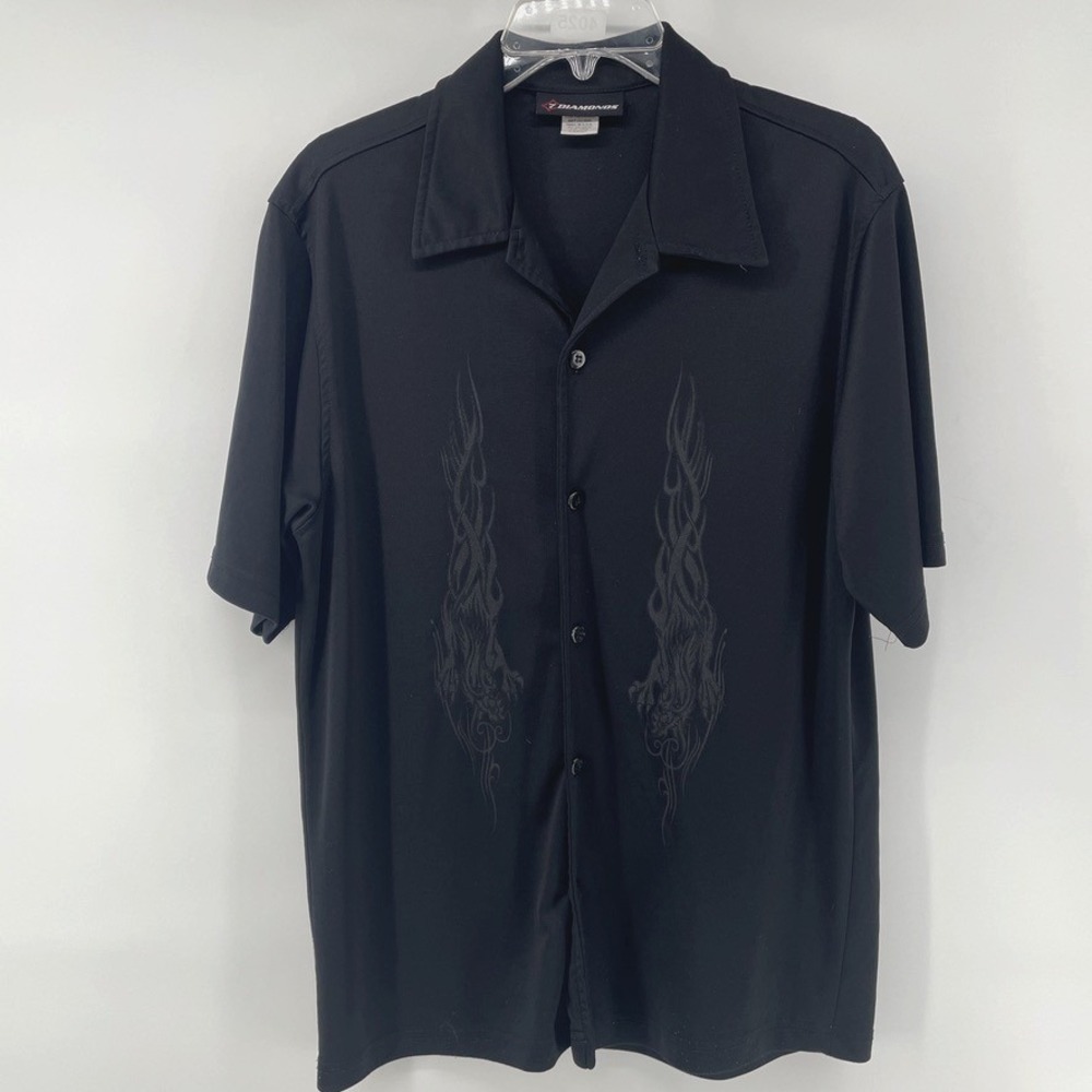 7 Diamonds Mens L Black Short Sleeve Button Down Tribal Flame Graphic Shirt USA